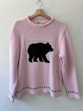 Parkhurst Pink Crewneck Sweater with Black Bear Intarsia